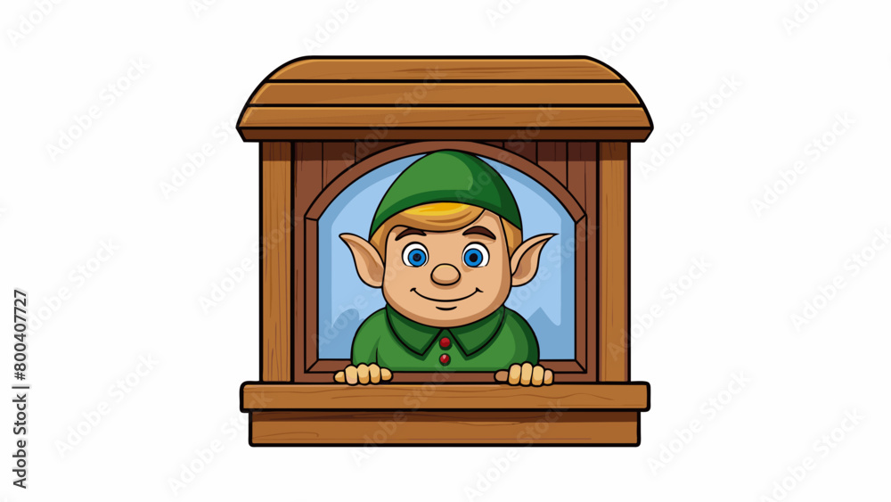 Poster on the windowsill of a cozy woodland cottage sits a small wooden carving of an elf. delicate feature
