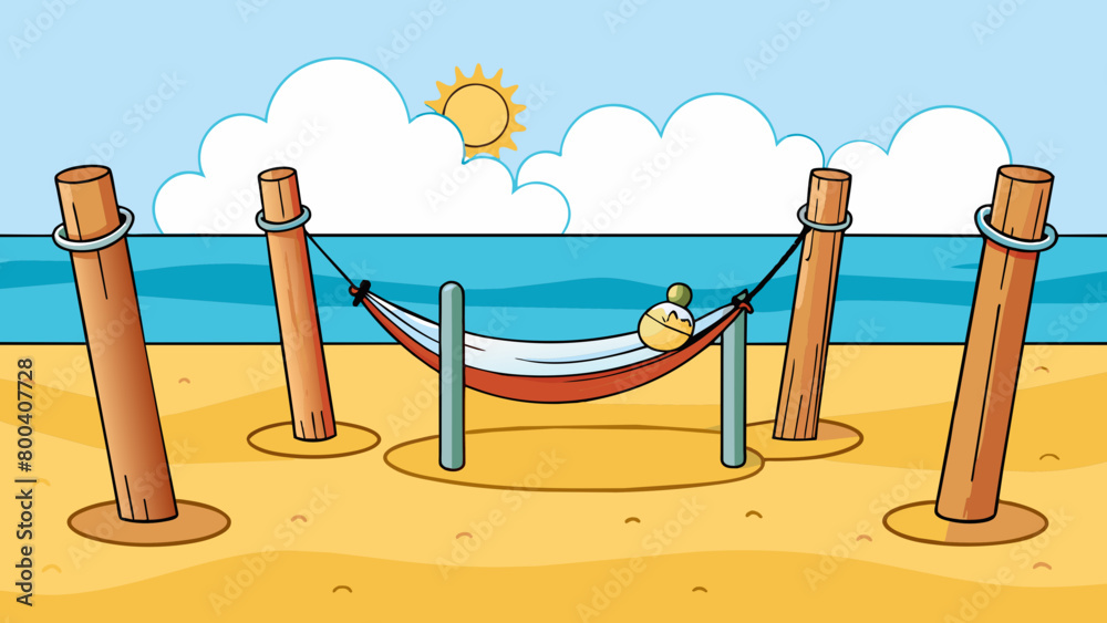 Poster on a sunny beach a sy hammock made of durable ropes is set up between two wooden posts. the gentle b