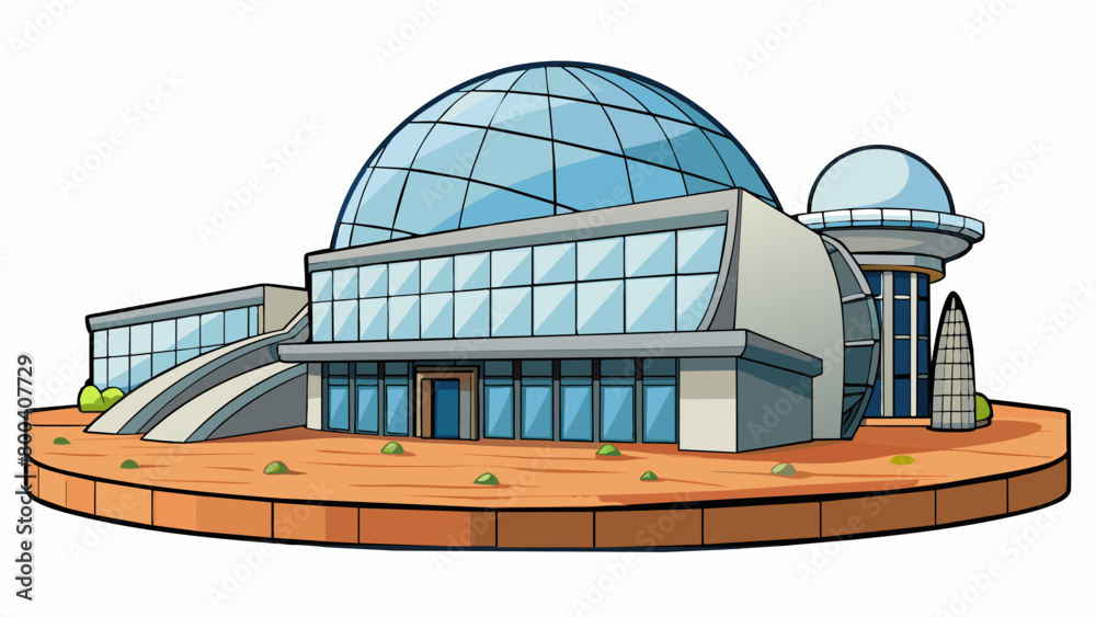 Poster On the edge of a desert a large modern building with sleek lines and reflective surfaces rises from the sand. Inside advanced technology and powerful. Cartoon Vector.