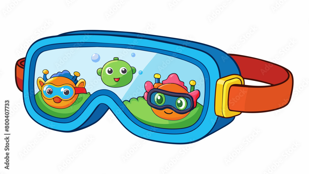 Poster next we have a pair of swim goggles specifically designed for children. they are brightly colored wi