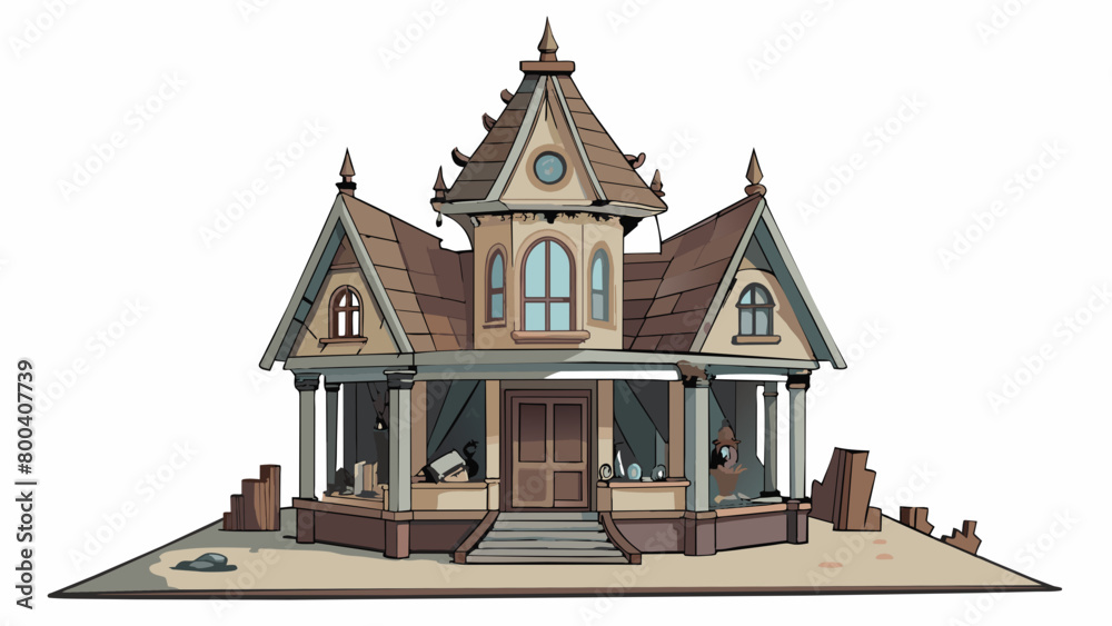 Poster nestled in the corner of a cluttered attic an old victorian dollhouse stands untouched for decades. 