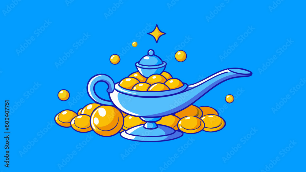 Poster nestled ast a pile of shiny baubles genies lamp catches your attention with its unusual shape and de