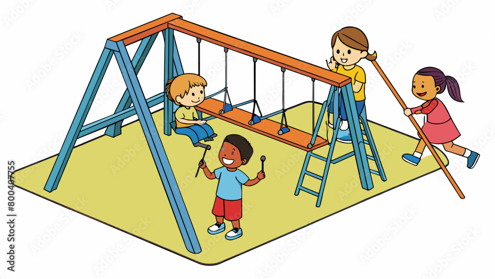 Poster on a playground a group of children take turns pushing a swing set. as they pump their legs to gain 