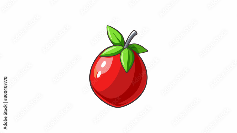 Poster petite deep red fruit with a slightly pointed tip and green leaves at the top. its skin is smooth an