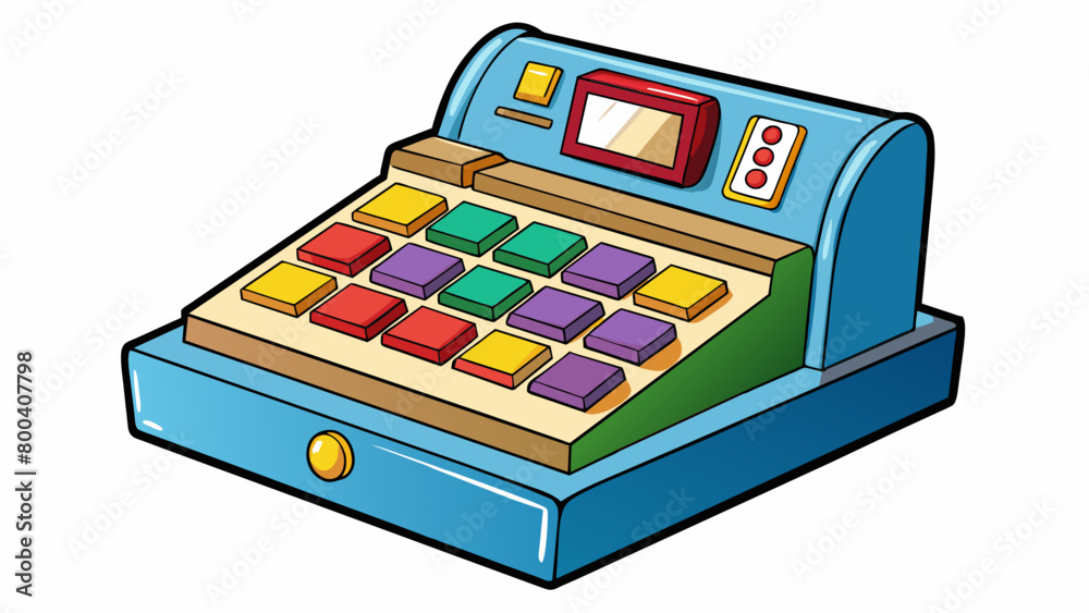Poster Play Cash Register A plastic box designed to look like a real cash register. It has buttons to input numbers and a drawer to store paper bills and. Cartoon Vector.