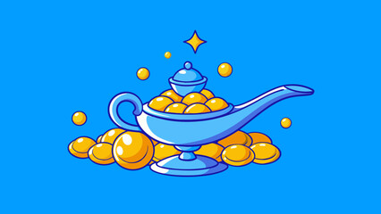 Nestled ast a pile of shiny baubles Genies lamp catches your attention with its unusual shape and deep lustrous blue color. With each rub sparks fly. Cartoon Vector. - obrazy, fototapety, plakaty
