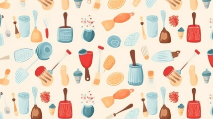 A seamless pattern of various baking tools and utensils in pastel colors, suitable for wallpaper or fabric designs