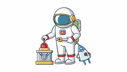 Obraz premium Outside the spacecraft the astronaut secures their tools and equipment onto their utility belt before starting a spacewalk. Their white suit is. Cartoon Vector.