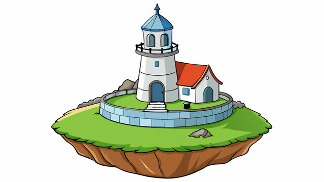 Perched atop a grassy cliff the lighthouse stood proudly with its white stone walls and pointed roof. A circular balcony encircled the top offering a. Cartoon Vector.