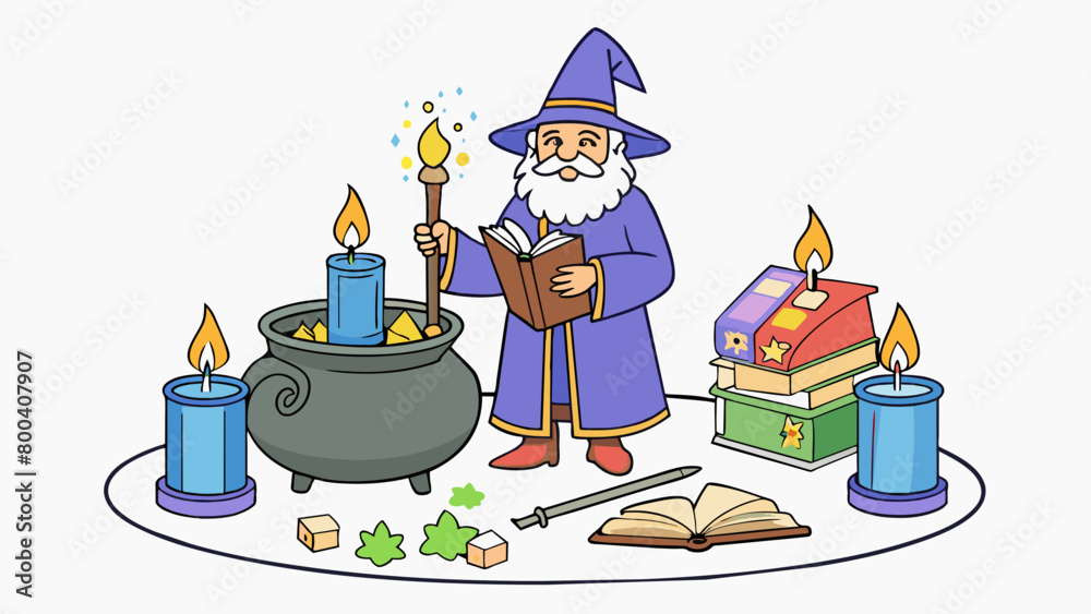 Poster standing amidst a circle of scented candles and ancient spell books this alchemist wizard diligently