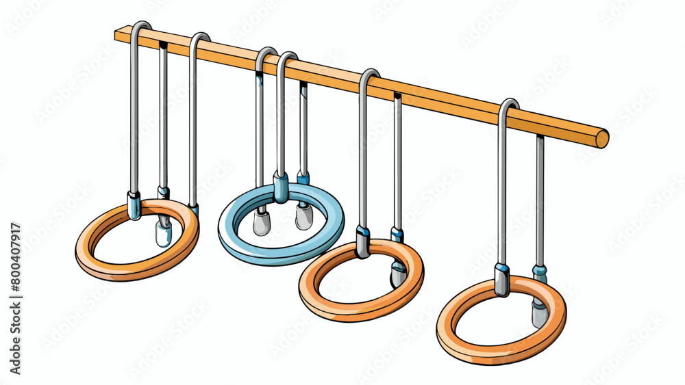 Poster suspended in the air by a complex system of pulleys and ropes the gymnastics rings are made of sleek