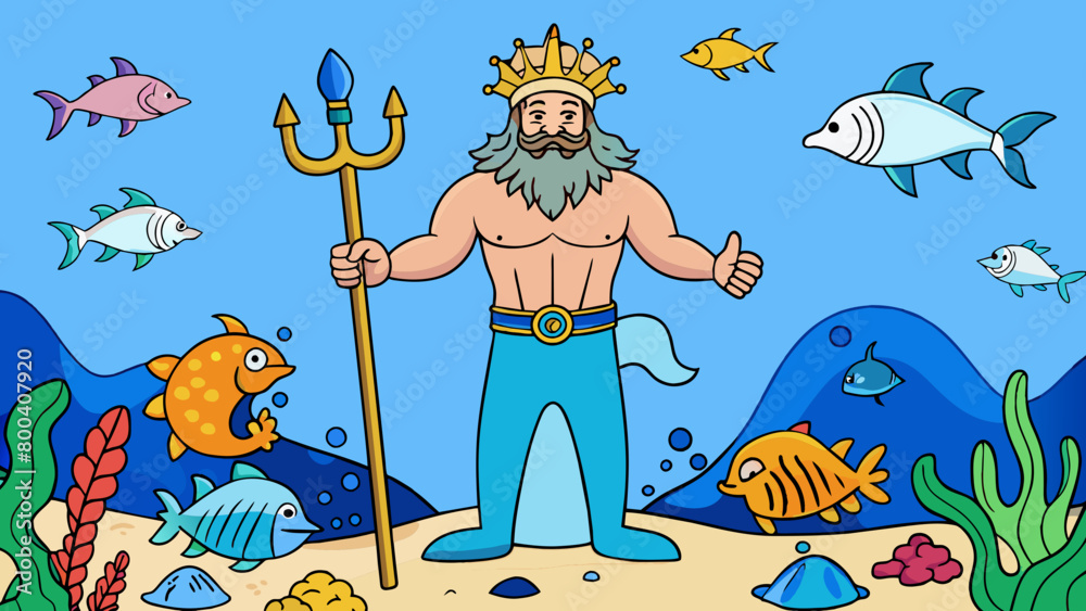 Poster standing on the sandy ocean floor poseidon is surrounded by a diverse array of sea creatures all bow