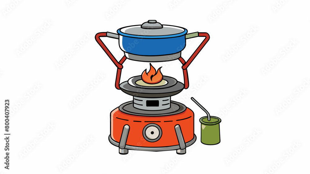 Poster The backpacking stove is a multifunctional object with a pot stand that can be detached and used as a standalone cooking surface. This makes it. Cartoon Vector.