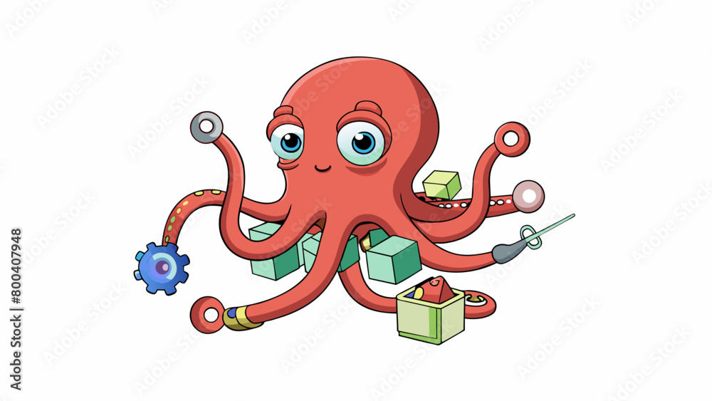 Aufkleber The curious and intelligent octopus using its sinewy arms to explore and manipulate objects in its environment displaying its problemsolving. Cartoon Vector.