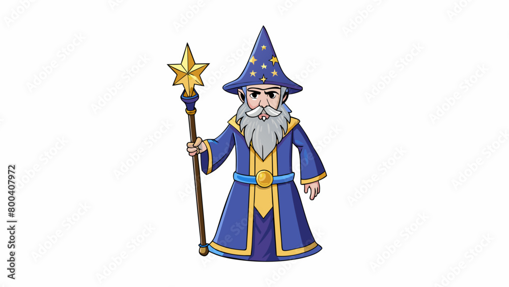 Poster Tall pointed hat with a shimmering star at the top long flowing robe with intricate golden patterns and a staff adorned with sparkling gemstones. This. Cartoon Vector.
