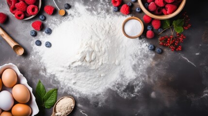 An overhead view of baking ingredients and a variety of bright berries scattered on a dark, textured surface - Powered by Adobe