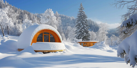 Glamping in snow capsules. The capsule, built into a snowy landscape, embodies modern style and functionality, creating comfort and safety in a snow-white world. Winter holiday concept.