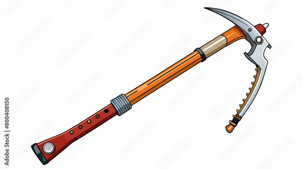 Poster The ice axe is a sy device made of aluminum and steel with a sharp pick on one end and a flat adze on the other. The handle is coated in rubber to. Cartoon Vector.