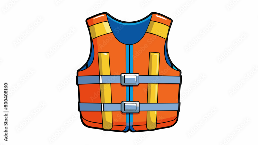 Poster The life jacket is equipped with adjustable ss and buckles to ensure a snug and secure fit for various body sizes. It also has a brightly colored. Cartoon Vector.