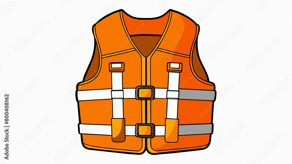 Poster the life jacket is a bright orange vest with adjustable ss on the front and sides. it also has a lar