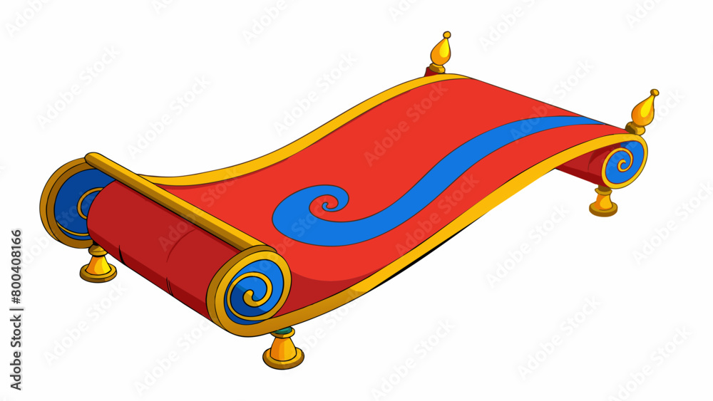 Poster The magic carpet was a large plush rug with intricate swirling patterns in vibrant hues of red gold and blue. Its edges were lined with golden tassels. Cartoon Vector.
