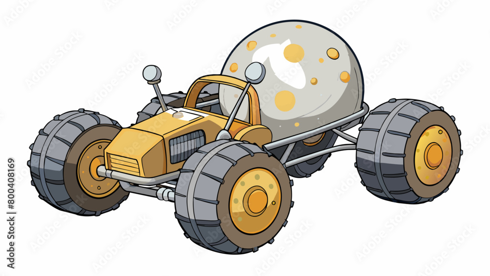 Poster the moon buggy roamed across the surface a futuristic vehicle with chunky treaded wheels and a bubbl