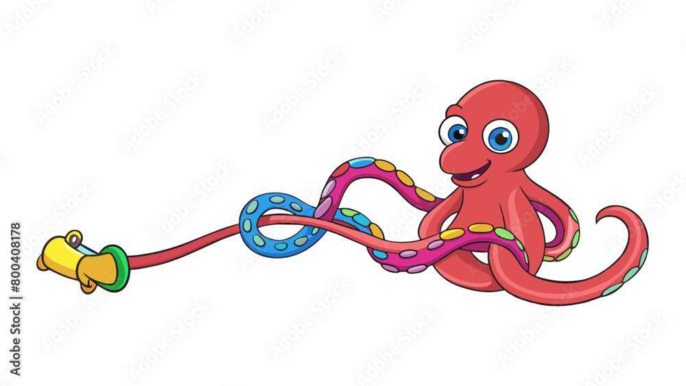 Poster The octopus played a game of tugofwar with its toy pulling and stretching the rubbery colorful object with its powerful ers. Its eyes sparkled with a. Cartoon Vector.