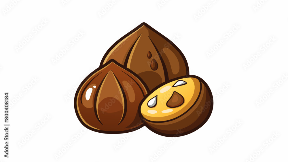 Poster the macadamia nuts have a unique teardrop shape with a glossy dark brown exterior. they are known fo