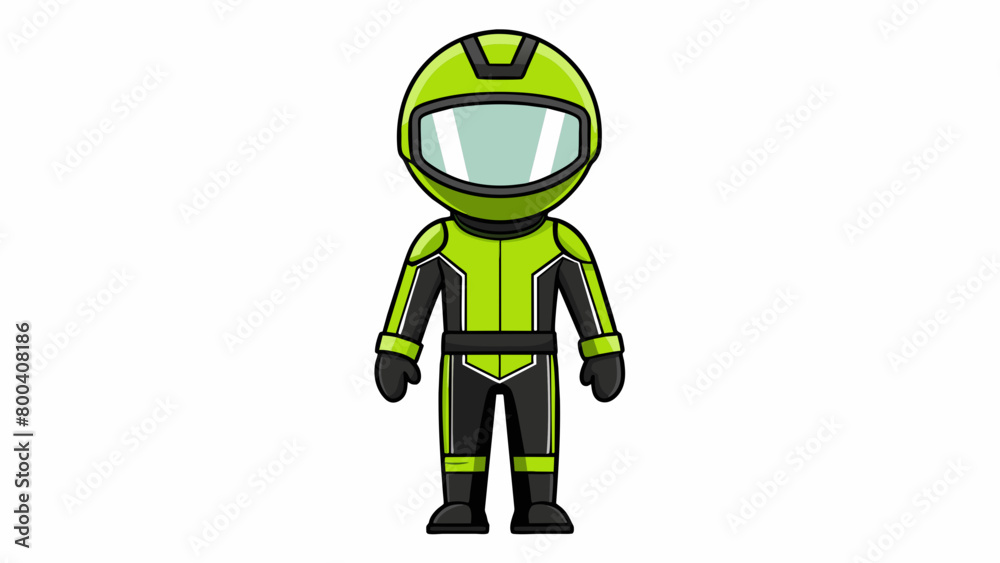 Poster the miniature driver is decked out in a neon green and black jumpsuit with a futuristic design. the 