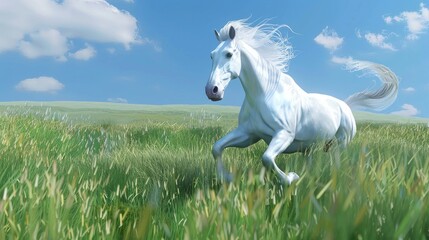 Obraz na płótnie Canvas A white horse gallops in a lush grassland under a clear sky