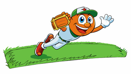 The outfield is a vast expanse of lush green grass the white lines on the ground marking the boundaries. In the distance a player races towards a. Cartoon Vector.