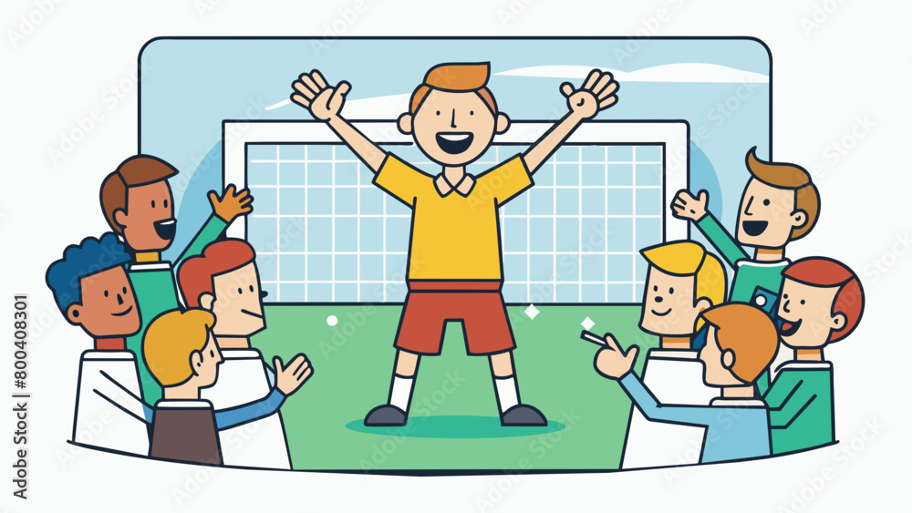 Poster The sound of cheering fans echoes through the stadium as a player dribbles the ball down the field skillfully dodging the tackles of their opponents.. Cartoon Vector.