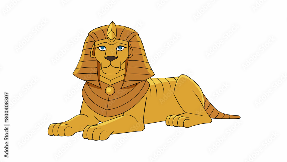 Poster The Sphinx was a large regal creature with the body of a lion and the head of a human. Its golden fur shimmered in the sunlight and its piercing eyes. Cartoon Vector.