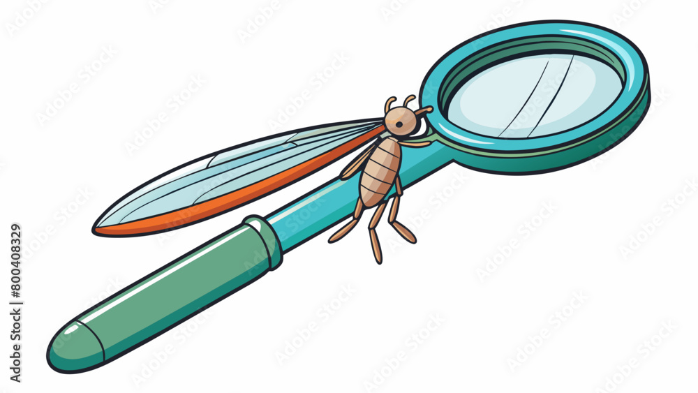 Poster The third illustration depicts a set of plastic tweezers with pointed tips and a magnifying glass. The tweezers are used for handling fragile bugs or. Cartoon Vector.