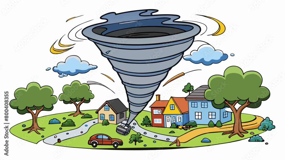 Aufkleber The tornados dark swirling funnel stretched down from the ominous storm clouds above creating a path of chaos and destruction. Trees were ripped from. Cartoon Vector.
