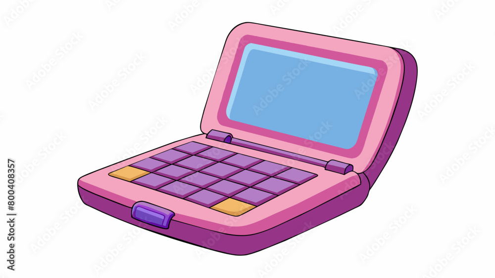 Poster the toy laptop has a soft cushioned exterior in shades of pink and purple. its screen is touchsensit