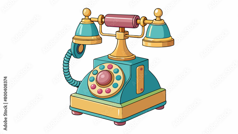 Poster the toy phone is a replica of a classic rotary phone. it has a sy retro design with a metal bell on 