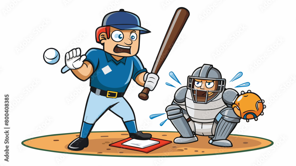 Poster The umpire stands behind home plate signaling strikes and balls with a series of clear hand gestures. The players on the field move swiftly throwing. Cartoon Vector.