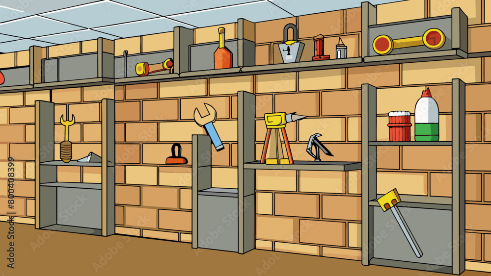 Poster The walls were lined with shelves and hooks holding various tools and weapons further emphasizing the bunkers purpose as a safe haven in uncertain. Cartoon Vector.