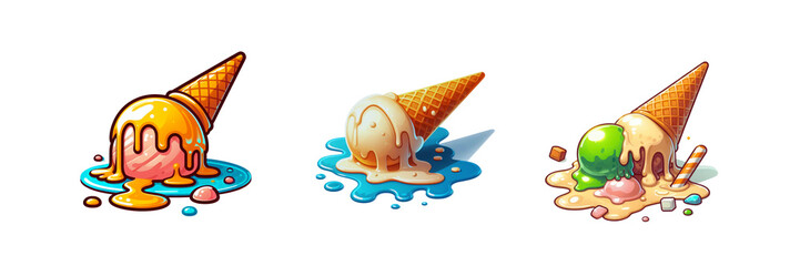 Set of Melted ice cream and cone on the floor flat icon, illustration, isolated over on transparent white background