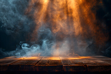 empty wooden table with Faint smoke have beams of light in dark background