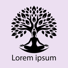 A black yoga tree  logo on white  background