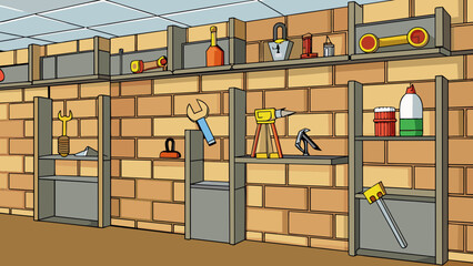 The walls were lined with shelves and hooks holding various tools and weapons further emphasizing the bunkers purpose as a safe haven in uncertain. Cartoon Vector.