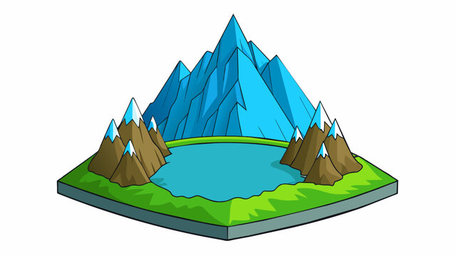 The steep and jagged sides of the mountain seem to reach up towards the heavens creating a striking contrast to the calm blue waters of the lake at. Cartoon Vector.