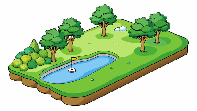 The twelfth hole is a par 5 with a narrow fairway lined with thick rough and tall trees. A large water hazard runs along the entire right side of the. Cartoon Vector.