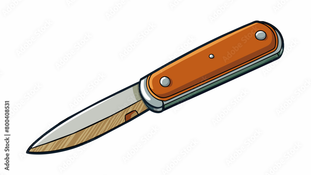 Poster This pocket knife has a unique design with a wooden handle and a vintage aesthetic. It features a single sharp blade with a unique curved tip perfect. Cartoon Vector.