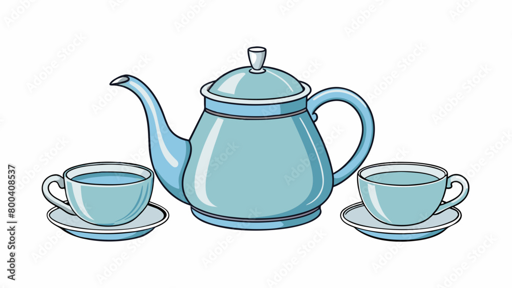 Poster This modern tea set has a sleek and minimalist design with a silver teapot and matching cups and saucers. The teapot has a long pointed spout and a. Cartoon Vector.