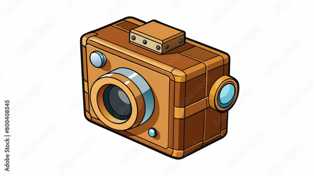 Poster This toy camera has a retro feel with a wooden body and a black faux leather grip. Its lens is a large square shape and can be twisted to zoom in and. Cartoon Vector.