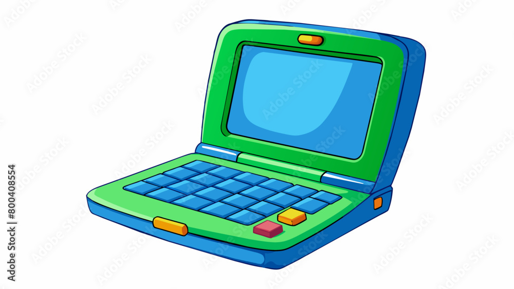 Poster this toy laptop is made of durable plastic and has a vibrant blue and green color scheme. its screen