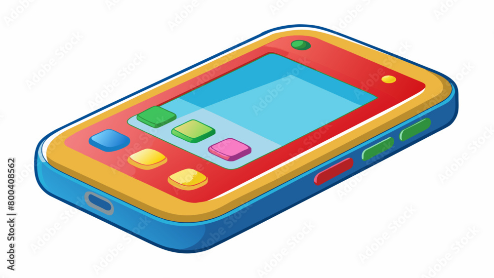 Poster This toy phone is a modern smartphone design with a touch screen camera and various apps for playing pretend games. It is made of durable plastic with. Cartoon Vector.